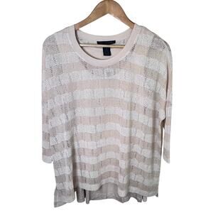 New GRACE ELEMENTS Pointelle Beige Winter White Striped Knit Layered Sweater Sm‎
